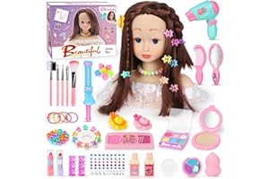 LumenVela Frisierkopf Kinder Set, 66 Stück Schminkkopf für Mädchen Waschbar, Puppenkopf Zum Frisieren Kinder mit Haarzubehör und Kosmetik Geburtstags Weihnachten Geschenke für Mädchen ab 3
