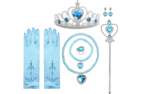 Tokaneit Déguisement Accessoires Reine des Neiges pour Fille, Princesse Dress Up Accessoires, Bijoux pour Enfants avec Couronne, Baguette Magique, Gants, Collier, Boucles D'oreilles et Bague