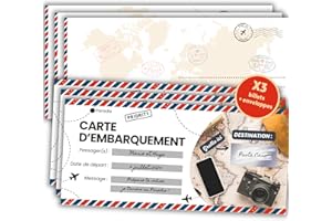 ROXISHA Carte à Gratter Voyage Surprise + Enveloppe Imprimée - Carte d'Embarquement Personnalisable à Offrir en Français - Billet d'Avion Annonce - Cadeau Anniversaire Noël EVJF & EVG Homme Femme - Pack de 3