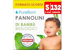 PureBorn 132 Pannolini Taglia 5 (12-17 kg), Ipoallergenico, Ultra assorbente, Pannolini 12-24 mesi, Dermatologicamente testato, Protezione completa, pannolino di alta qualità naturali bambù