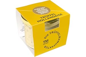 Die Trüffelmanufaktur - Trüffel Hollandaise Soße, Feinkost Trüffelcreme mit 10% echtem schwarzem Trüffel, Trüffelhollandaise Sauce für Spargel, Gemüse, Fisch & Fleisch, Trüffelsoße weiß im 180 g Glas