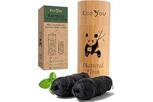ECOYOU Charcoal Bamboo Floss | 2 Natural Floss Refill with Bamboo Container | Organic Mint & Candelilla Wax | Vegan & Biodegradable | Compatible with Similar Size Dental Silk Containers