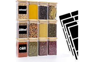 Withosent 280ml Barattoli Vetro Set di 12, Barattoli Spezie Cucina, Contenitori Alimentari Vetro con Coperchio di Legno, Impilabile Vasetti Vetro Piccoli per Spezie, Zucchero, Pepe