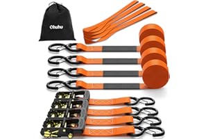 Sangle à cliquet 4 pièces Resistance 1500kg, Ohuhu 4,6m x 4cm Sangle d'arrimage avec Crochets sécurisés et plastifiés et 4 Boucles Souples idéal arrimage Transport Bagages, Meubles, remorque