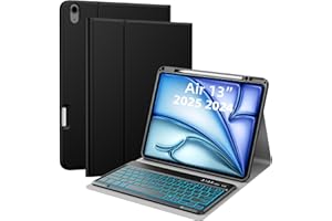 JUQITECH iPad Air 13 inch Keyboard Case 2025 2024 M3 M2, 7 Colors Backlit Bluetooth Removable Keyboard Smart Multi-Angle Soft Folio PU Protective Cover Case with Apple Pencil Pro Holder,Black