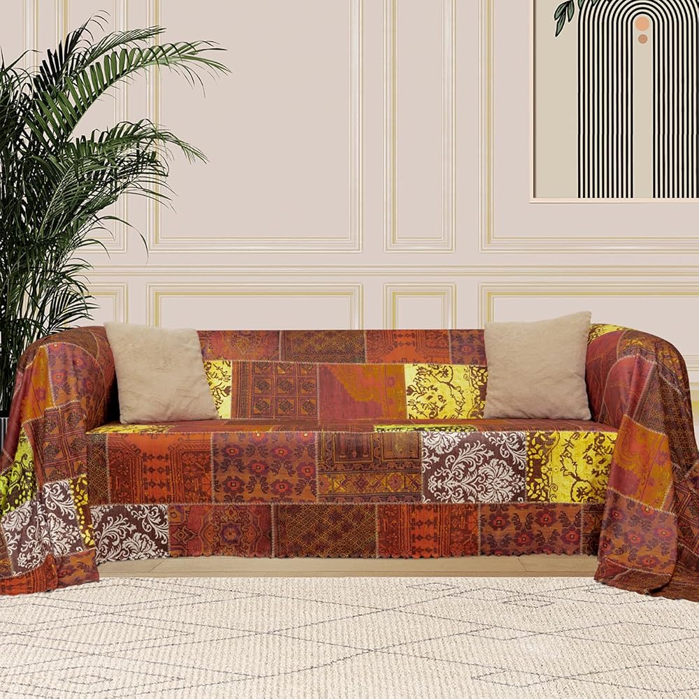 LATUDA CONCEPT SoftMicro Koltuk Örtüsü | Çekyat Örtüsü | Koltuk Şalı | Etnik Desenli Boho Patchwork Kaymaz | Kiremit 180x300 cm