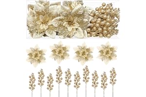 Alupssuc 24 pezzi di bastoncini di Natale glitterati, 12 fiori di Natale artificiali e 12 rami decorativi con bacche per decorazioni per alberi di Natale, ornamenti e ghirlande natalizie, oro