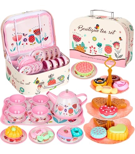 Picknickmand voor kinderen, theeservies, kinderkeuken, accessoires met picknick, tafelkleed, koffiemachine, poppenservies, theekransje, dessert, draagkoffer, rollenspel, speelgoed, cadeau voor jongens
