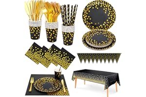 SYLKEN 186 Stück Schwarzes-gold Partygeschirr,Partyzubehör Pappteller Set,Wiederverwendbar ​Papier Geschirr Set einschließlich Tischdecke Teller Becher Servietten zum Geburtstag,Hochzeiten,Jubiläums 25 Gäste