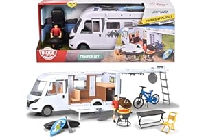 Dickie Toys - Playlife Camper Set, Hymer B-Class Motorhome, con pannello, porta laterale, gavone e tetto apribili, Incluso personaggio, E-Bike, BBQ con luci, paddling, tavolo con sedia