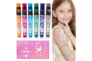 DIVIDERMY 6 Pezzi Penne per Tatuaggi, Set Tatuaggi Bambina, Tatuaggi Temporanei Penna con 1 Stencil con Diversi Motivi, Pennarelli Glitterati, Perfette per Feste di Compleanno, Festa, Carnevale