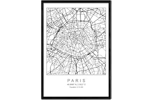 NACNIC Art Imprimer Carte de la Ville Paris Style Nordique en Noir et Blanc. Affiche A3 Taille encadrée avec du Papier Noir imprimé 250 GR. Photos, draps et Affiches pour Salon et Chambre à Coucher