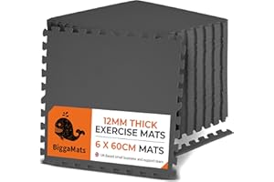 BIGGAMATS | 12mm EVA Foam Fitness Interlocking Floor Exercise Mat 60 cm x 6 | Non-Slip Workout Mats for Home Workouts, Gym, Yoga, & Training | Black Gym Flooring for Indoor and Outdoor Use