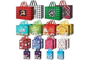 HEDOBCESO 24 Pack Christmas Bags Assorted Sizes with Handle, Reusable Includes 4 Extra Large, 8 Large, 8 Medium, 4 Small, Non-Woven Christmas Bags for Gifts Xmas Party Holiday Favors