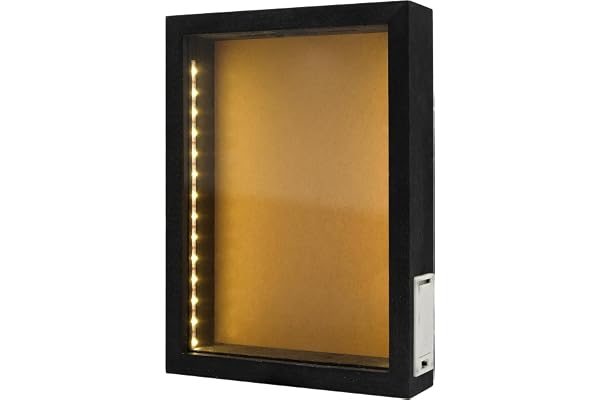 hvfun 20 x 28 cm rustik svart trä skugglåda med lampor, LED-ljus display fodral för vinkorkar, biljetter och kreativa utställningar, konstnärliga presentationer