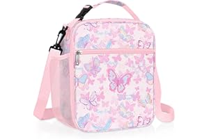 Clastyle Pink Insulated Kids Lunch Bag Large Thermal Cooler Bag for Girl Picnic School Lunch Box Tote,Colorful Butterfly