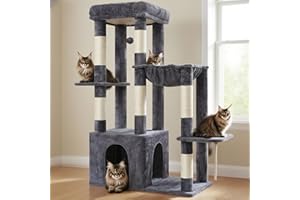 Heybly Arbre à Chat 120cm - Grande Tour pour Chats Adultes avec Base Extra Large, Maison à Chat à Niveaux Multiples avec Meubles en Peluche, Griffoir, Hamac et Jouet à Balle, Gris Fumée HCT026G