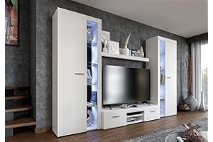 Furnix Wohnwand RIVAY XL Mediawand Weiß Wohnzimmer 4-TLG Komplett-Set mit LED - TV Lowboard, Highboard Vitrine, Wandregal - Modern Freistehend - B 300 x H 190 x T 40,2 cm, Farbe Weiß