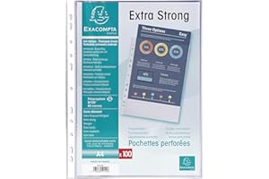 Exacompta - Réf. 59110E - Sachet de 100 pochettes perforées Premium en Polypropylène grainé Epaisseur 8/100ème - Perforation universelle 11 trous - Format à classer A4 - Incolore