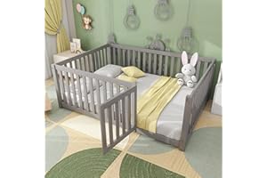 ‎JOVIFY Kinderbett 140x200 cm, Montessori Bodenbett mit Tür inkl. Rausfallschutz Zaun, Massivholz Gitterbett Montessori Bett Babybett Kinder Jugendbett Doppelbett für Jungen & Mädchen, Grau