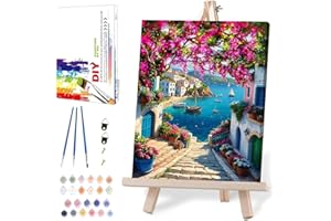MRNSIET Scenery Paint by Numbers for Adults with Framed Canvas-with Wooden Easel,Landscape Paint by Number Kits with Brushes,Flowers and Sea Oil Painting Kits with Nice Gift Box for Wall Decor 12X16 Inch.