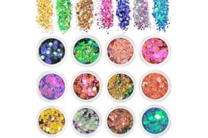 ALIIP Glitter Grosso, 12 Colori Kit polvere Olografiche, Glitter Chunky Sparkle per Resina Epossidica, Capelli, Viso, Unghie, Trucco del Festival