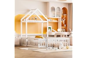 MYBOO Kinderbett Bodenbett Einzelbett 90x200 cm mit Sicherheitsgitter&Lattenrost&Dach&Kleiderstange, Montessori Bett Bed Gitterbett Hausbett Holzbett Bettgestell Jugendbett, Kiefernholz, Ohne Matratze, Weiß