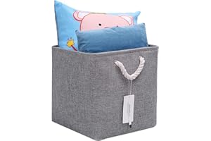 CREADARD Fabric Cube Storage Box, 13x13x13 inch Foldable Linen Cube Storage Basket for Nursery and Home, Collapsible Canvas Shelf Basket for Wardrobe or Bedroom, Grey