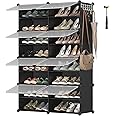 SONGMICS Interlocking Shoe Rack, Plastic Shoe Storage Cabinet, 8-Slot Modular Storage Organiser Unit, 30 x 40 x 30 cm for Each Slot, with Doors, Steel Frame, Plastic Panels, Black LPC034B01