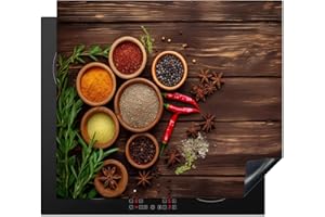 KitchenYeah© Protege Plaque Tapis Pour Induction 58x51 cm Deco Cuisine Protection Vitrocéramique Pour Cuisiniere Herbes - Épices - Poivre rouge - Épreuve sur bois - Nature morte