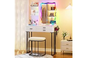 Lvifur RGB Schminktisch mit USB Type-C Anschluss Geeignet für Wohnzimmer Schlafzimmer, Toilette Trucco con Sgabello uno Spazio di Archiviazione Della Sedia di Ricarica Wireless