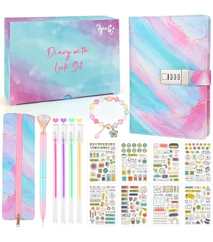 MHwan Journal Intime Avec Code Secret – Coffret Cadeau Fille 7-14 Ans : Carnet A5, Stylo Pailleté, Marque-page, Bracelet, Trousse