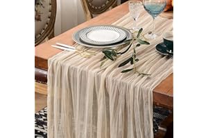 LOMOHOO Käsetuch Tischläufer Beige Boho Gaze-Stoff Tischläufer Rustikaler Hochzeit Tischdecke 118 Zoll lang Läufer für Hochzeit Braut Babyparty Geburtstagsfeier Kuchen Tischdekoration (90x300cm)