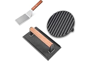 Hmseng Burgerpresse aus Antihaft-Gusseisen mit hitzeabweisendem Griff, Burger Smasher Set mit Runde (Ø 17.6cm) und Rechteckige (20.5cm),für BBQ, Steak, Sandwiches-Design2