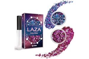 Laza Body Glitter, 2 Jars Holographic Chunky Sequins with Glitter Glue for Women Girls Eyeshadow Makeup Face Paint Festival Rave Outfits Hair Concert Accessories Carnival Party Costumes - Pink Violet