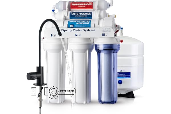 iSpring RCC7AK-BLK, 75 GPD alkaliskt 6-stegs omvänt osmos system med snygg svart RO-kran, pH + påminnelser RO-vattenfilter sy
