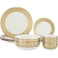 Amazon Brand - Solimo Ceramic 14 Piece Premium Dinner Set | 4 Dinner Plates, 4 Quarter Plates, 2 Large Bowls & 4 Small Bowls | Golden Floral Strip