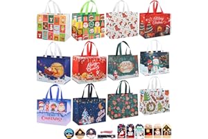 YAAVAAW Confezione da 12 sacchetti natalizi riutilizzabili, con manici, include 6 grandi 33 cm, 6 sacchetti extra large da 43,2 cm, impermeabili, per la spesa, decorazioni natalizie