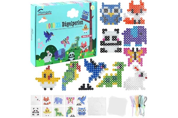 Homgaty Lot de 1000 grandes perles à repasser de 10 mm avec plaque enfichable, 10 motifs d'animaux, 10 pendentifs et 3 papiers à repasser, kit créatif de perles pour le bricolage, l'artisanat pour