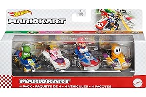 Hot Wheels GWB38​ Mario Kart Die-Cast Character Replicas in 4-Pack Each Assortment Includes Fan-Favorite Characters and 1 Exclusive Ages 3 and older, Multicolor, 5.08 cm*3.175 cm*7.62 cm