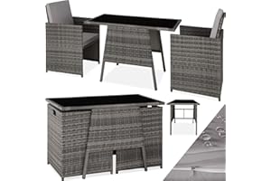 TecTake® Conjunto Jardín Exterior de Ratán y Aluminio, Muebles Jardín Exterior Resistente a la Intemperie, 2 Sillas con Cojines, Mesa Cristal, Apilable, Fundas Extraíbles - Gris