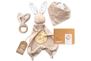 Mikito - Pack con 4 Regalos para Bebes Recien Nacidos Originales - Doudou Bebe Muselina + Babero Bandana + Mordedor + Tarjeta - Ideal como Pack Regalo/Canastilla Bebe