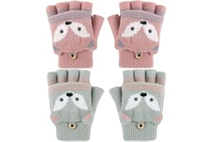 CHDZSW 2 Paar Halbfinger Handschuhe Mit Flip Top, Fingerlose Fäustlinge Für Kinder, Cartoon Kinder Winter Strick Finger, Warm Handschuhe für Jungen Mädchen mit Feiertags Geschenke, 7-10 Jahre