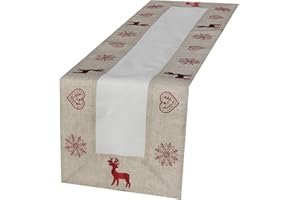 ‎MYZIRBE Tischläufer - Hirsch - beige und weiß rot bestickt sehr schöne festliche Stickerei für Winter Weihnacht Tischdecke, Größe:40 x 150 cm