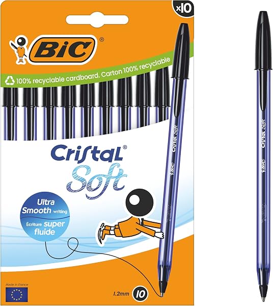 Bic Cristal Soft Ballpoint Pens – Smooth Easy-Glide Ink – Medium 1.2mm Tip – Comfortable Writing – Black – School & Office Supplies – Pack of 10 - 1