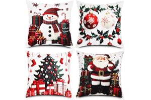 Bigqin Lot de 4 Housse de Coussins Noël - Rouge, Vert & Blanc - Peluche Douce à Motifs Sapin, Père Noël, Boule et Bonhomme de Neige - Déco Chaud pour Canapé, Salon (45 x 45 cm)