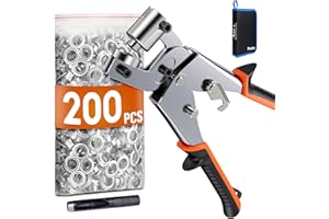 PRECIVA Alicates de Ojal de Bloqueo ，ojales para lonas con 200 Ojetes Metalicos (Ø interior 10mm),remachadora ojales metali cos para Lonas Tejidos Velas Solares Cartón Cuero y PVC