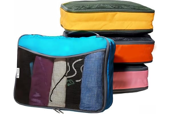 OW-Travel Packing Cubes (4 Färg) Lätt att Organisera Travel Organizer. Packpåsar i Blått, Gult, Orange och Rosa Organiseringsset för Resväskor. Packkuber Ryggsäck eller Handbagage