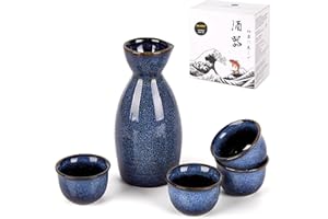 DUJUST Set de saké japonais (5 pièces), Set de saké en porcelaine à émail transformé au four, 1 bouteille, 4 tasses et 1 boîte-cadeau, Carafe chaude, Set de cadeau japonais spécial - bleu foncé