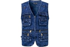 KTWOLEN Herren Outdoor Weste Casual Denim Weste Multi-Taschened Motorradweste Outdoor Ärmellos Angeln Fotografie Freizeit Jacke Jeansweste für Männer